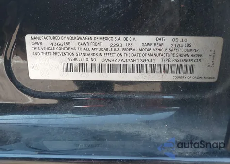 2010 Volkswagen Jetta Se/Sel z USA, uszkodzony, nr VIN 3VWRZ7AJ2AM138941